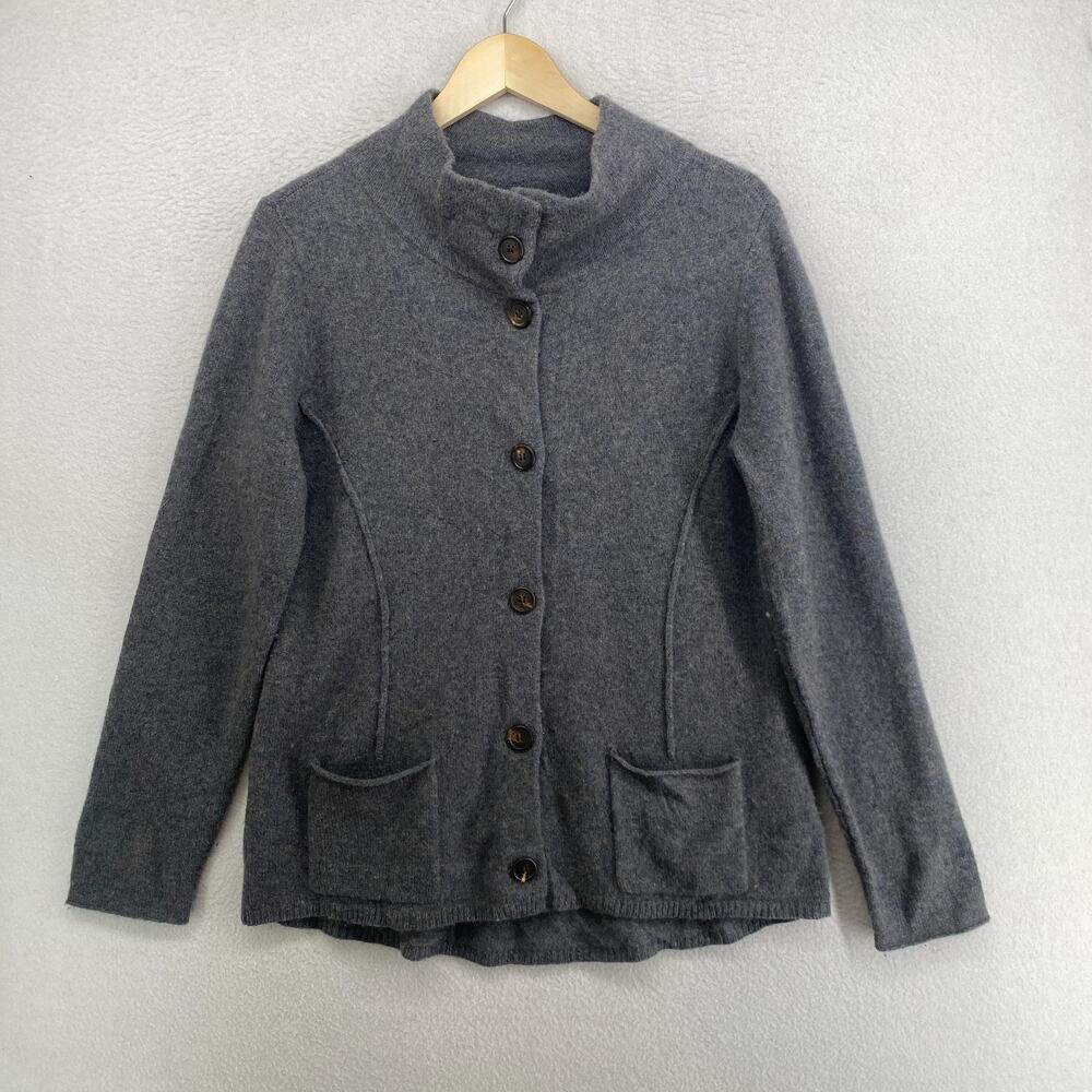 EILEEN FISHER Sweater M 100% Wool Knit Button Front Cardigan Mock Neck Blue Gray